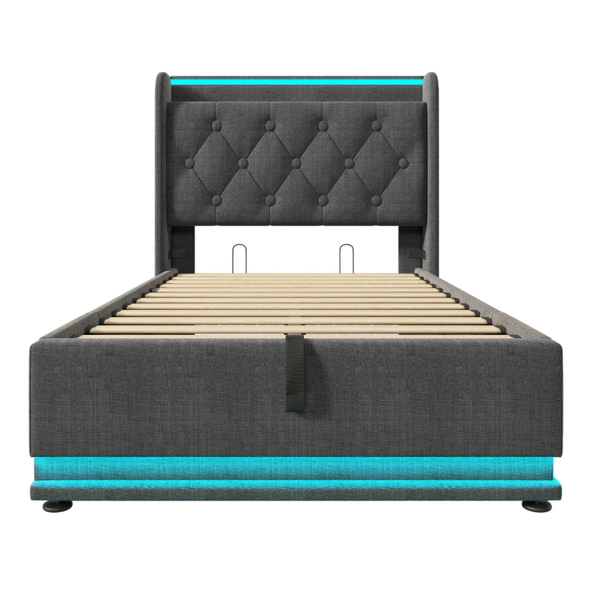 Upholstered Bed, 360 Surround LED Function, Remote Control, Hydraulic Storage Bed With USB, Type-C Charging (Without Mattress) by HouseOfZazla