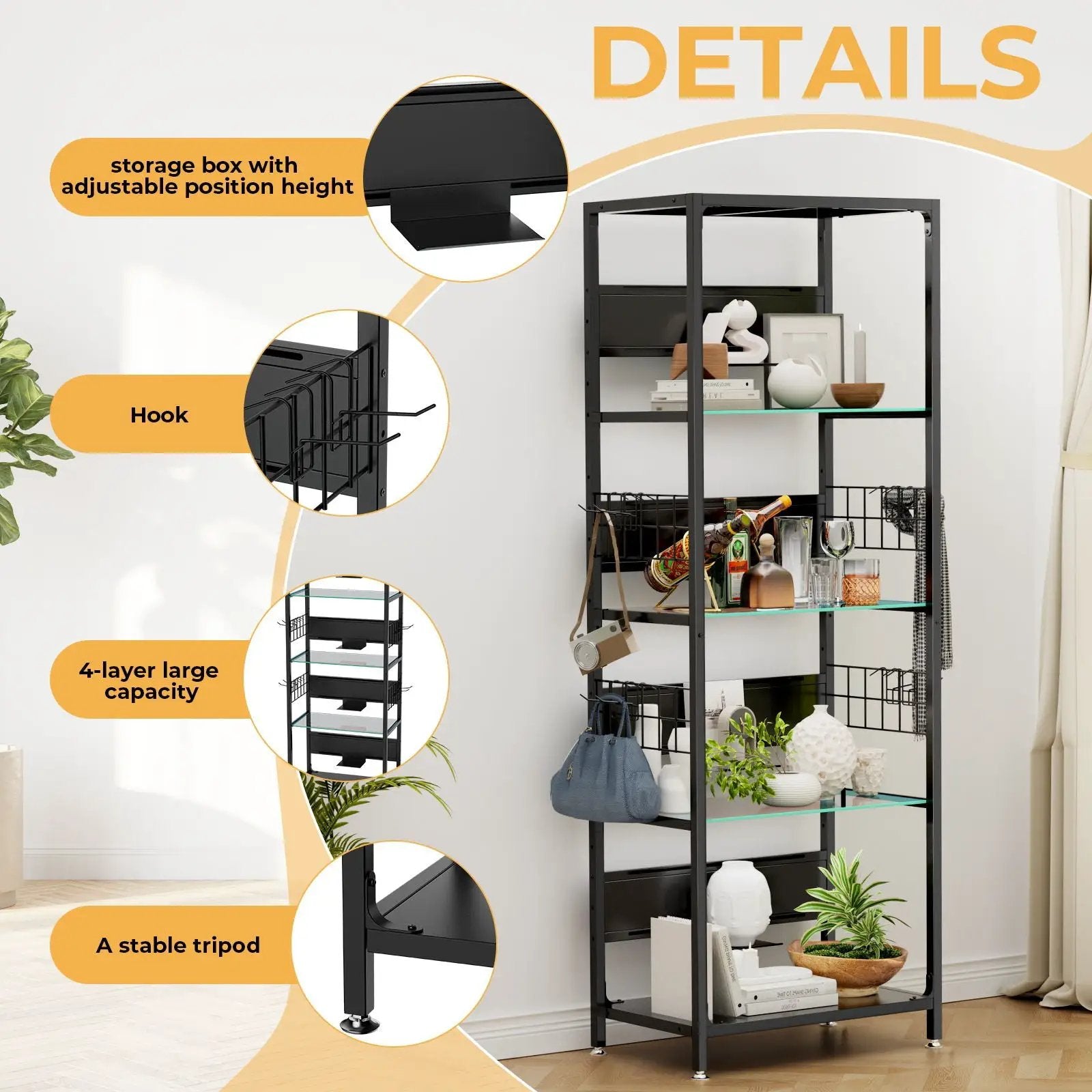 4 Tier Display Shelf With RGB Lights, LED Lighted Curio Cabinet With Adjustable Storage Box & Hooks - Black by Unique Piece Furniture