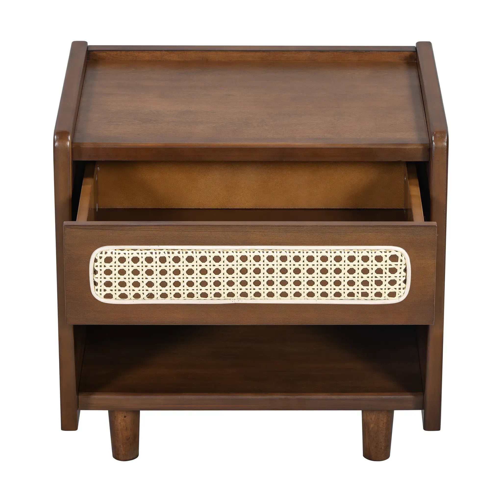 Walnut Nightstand with Rattan Detail, MDF + Solid Wood by HouseOfZazla