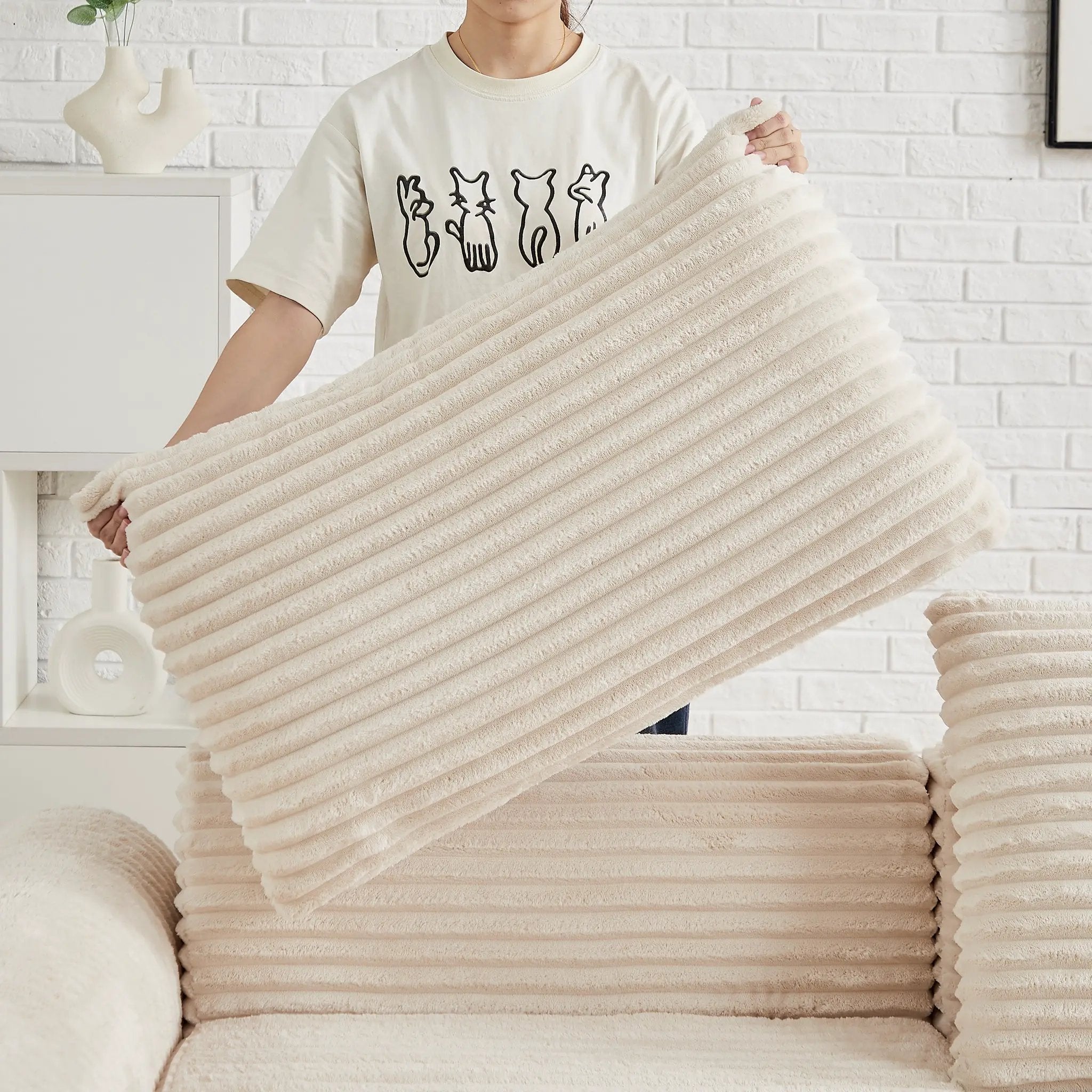 Minimalist Corduroy Sofa Bed with Two Throw Pillows by HouseOfZazla
