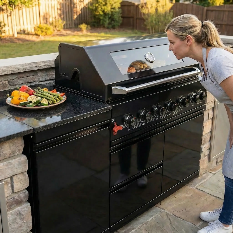 63" 6-Burner 85,000 BTU Black Outdoor Kitchen Island Grill + Marble Countertops by Chery Industrial