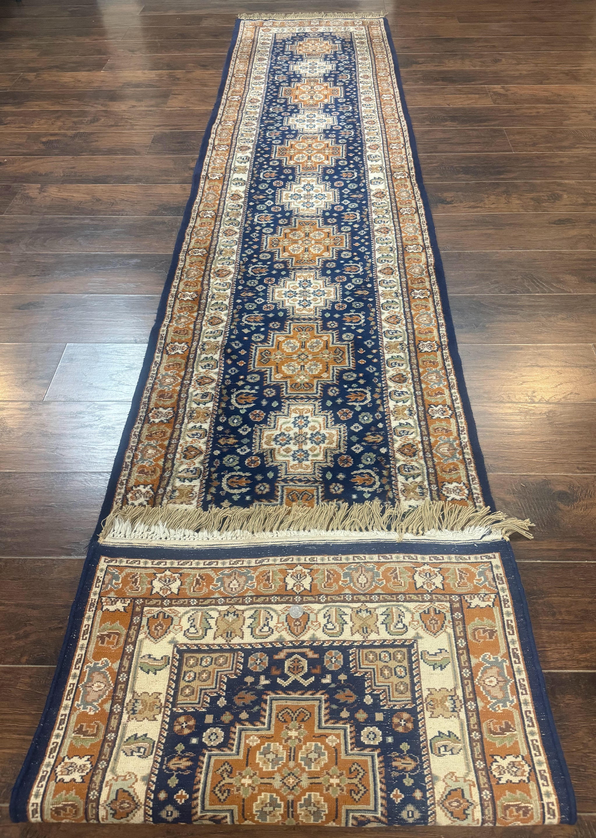 Indo Persian Runner Rug 2.6 x 12.7, Indian Kashmiri Runner for Hallway or Kitchen, Navy Blue, Geometric Medallions, Handmade Wool by Jewel Rugs