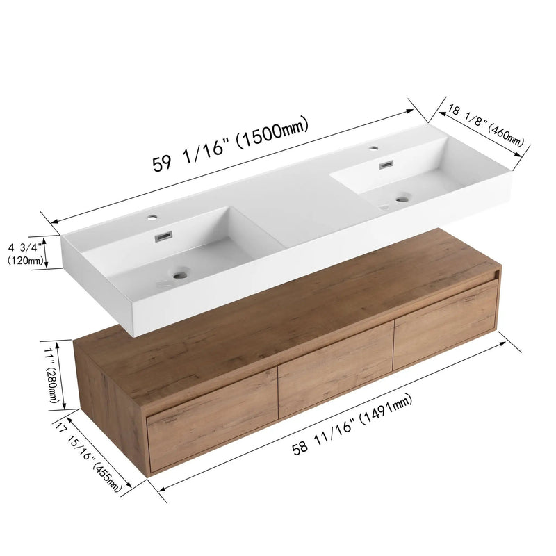 Contemporary Wall Mounted Bathroom Vanity With Dual Resin Sink And Soft Close Drawer by Unique Piece Furniture