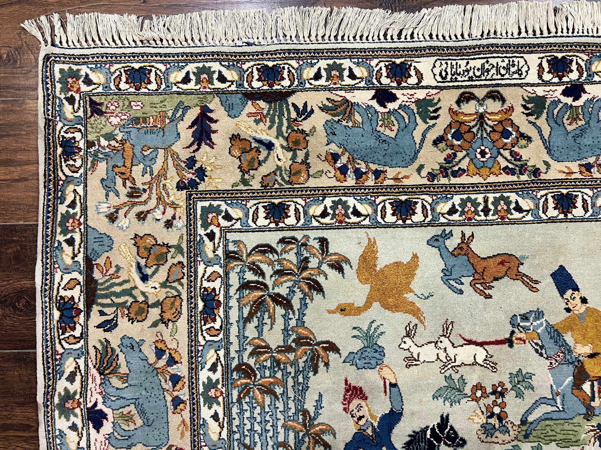 Persian Kashan Pictorial Rug 4.6 x 7, Hunting Scene, Signed by Masterweaver, Animal Pictorials, Rare, Handmade, Wool, Vintage, Very Fine by Jewel Rugs