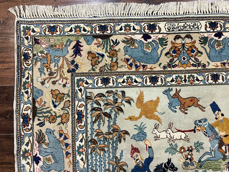 Persian Kashan Pictorial Rug 4.6 x 7, Hunting Scene, Signed by Masterweaver, Animal Pictorials, Rare, Handmade, Wool, Vintage, Very Fine by Jewel Rugs