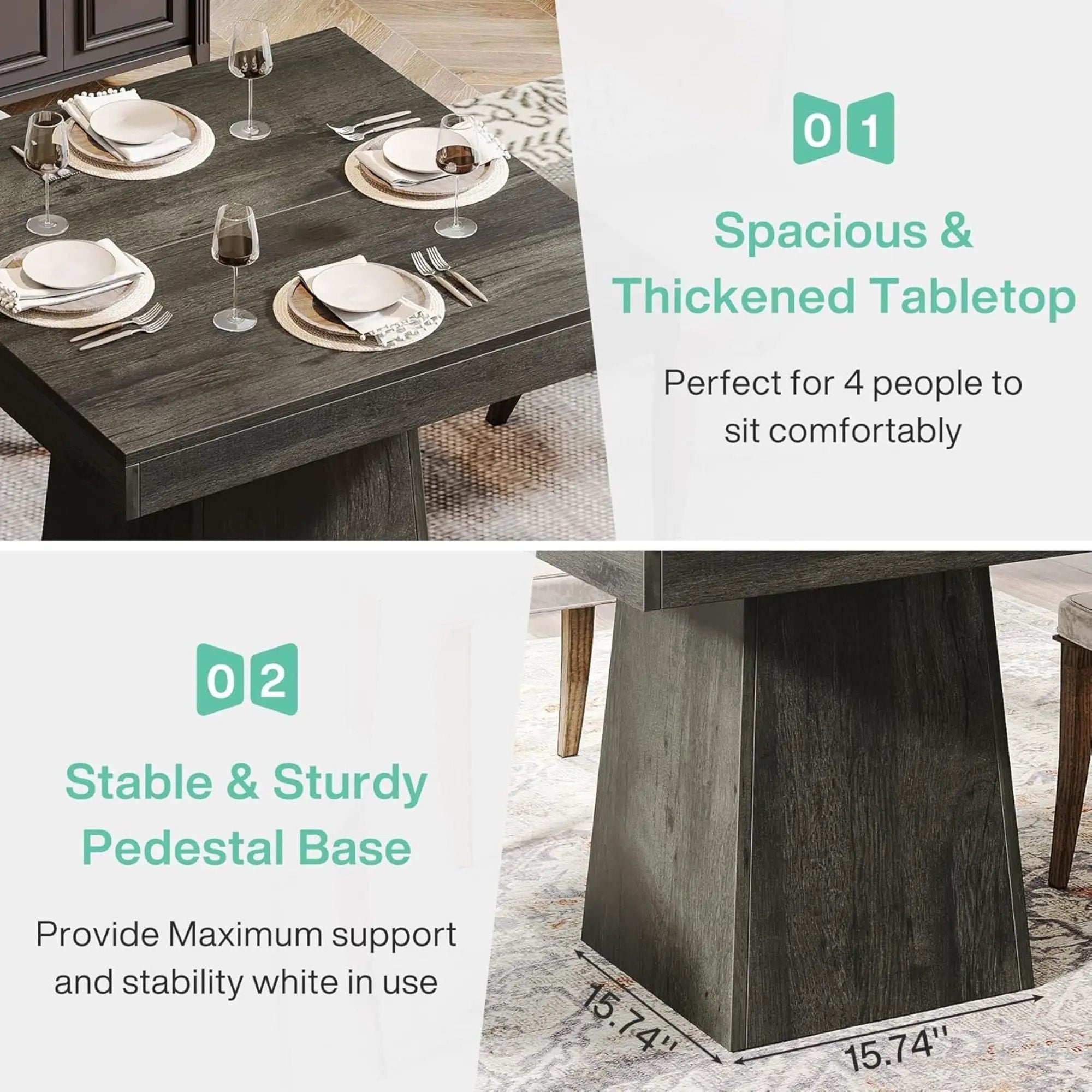 Square Dining Table For 4 With Thick Grain Top And Sturdy Pedestal Base - Gray