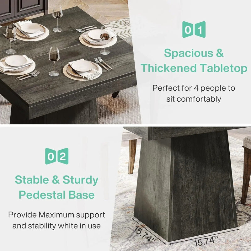 Square Dining Table For 4 With Thick Grain Top And Sturdy Pedestal Base - Gray
