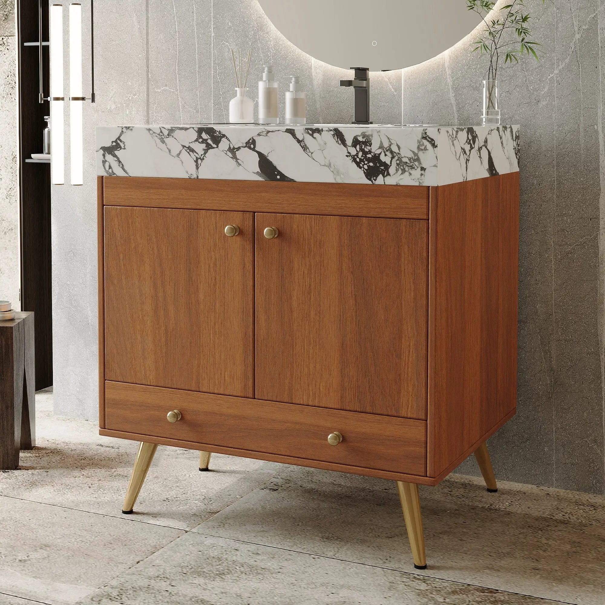 Mid-Century Free-Standing Bathroom Vanity with Faux Marble Top by HouseOfZazla