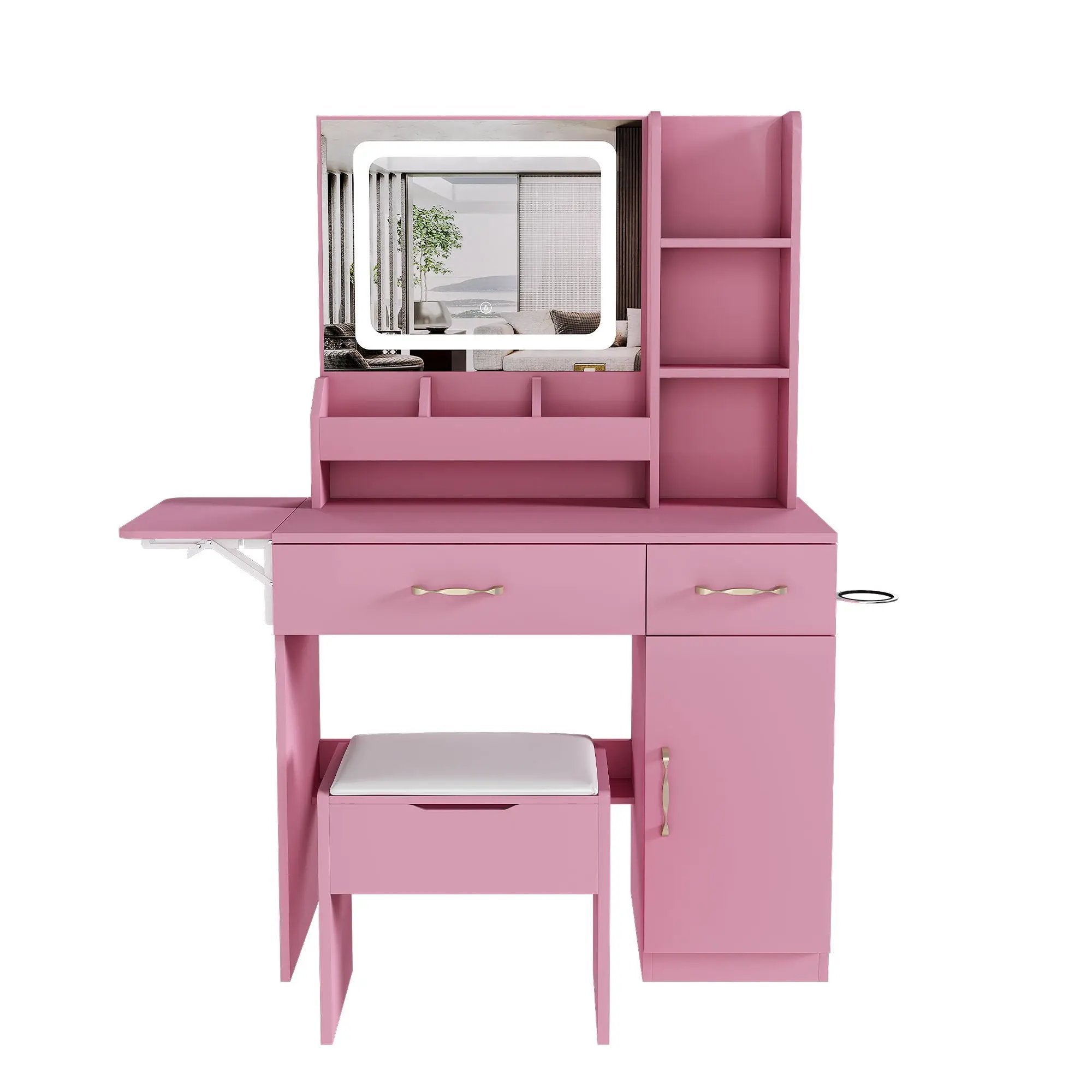 Vanity Desk With LED Mirror Lights And Power Outlet Charging Station, 3 Drawers, 7 Shelves, Storage Stool - Pink by Unique Piece Furniture