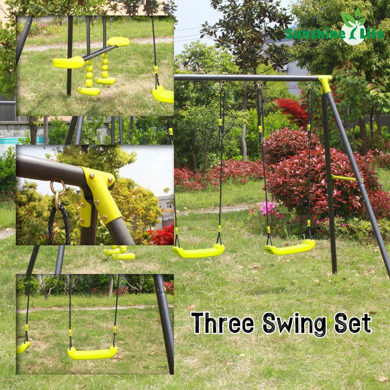 Xns008 Interesting Triple Children Metal Safe Swing Set 440Lbs For Outdoor Playground Three Seat Swing For Age 3+ - Green / Black by HouseOfZazla