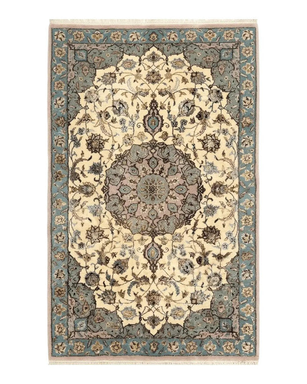 Persian Isfahan Rug 3x5, Fine 310 KPSI, Kork Wool Silk Foundation, Cream & Light Green