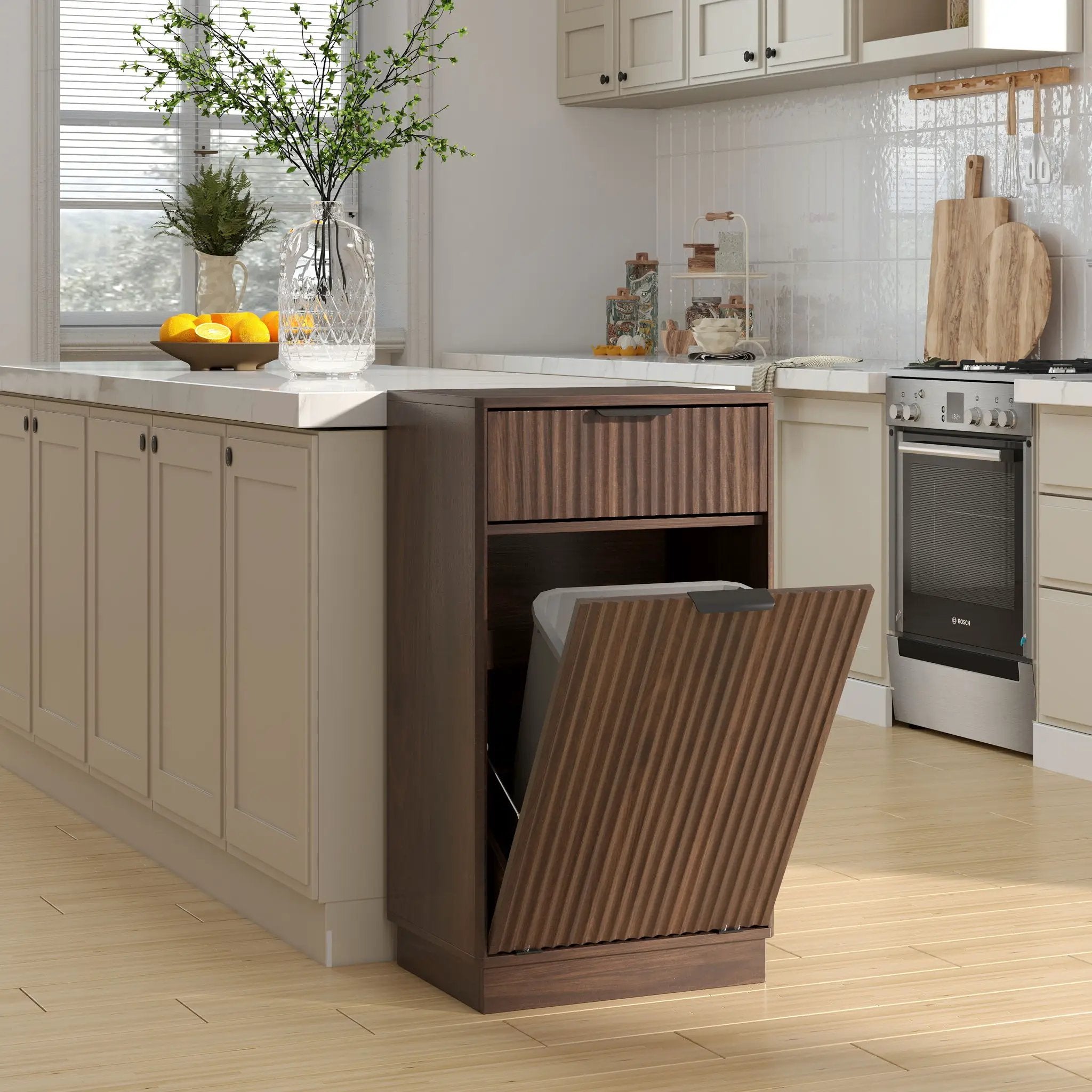 Tilt Out Trash Can Cabinet With Wave Textured Drawer & Pull Out Bin by Unique Piece Furniture
