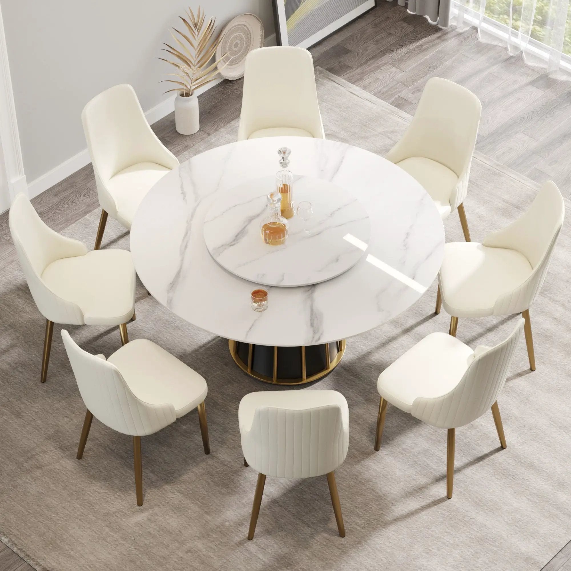 59.05" Modern Artificial Stone Round Panel Metal Iron Base Dining Table, Can Accommodate 8 People Artificial Stone Turntable (Not Including Chairs) - White / Black by HouseOfZazla