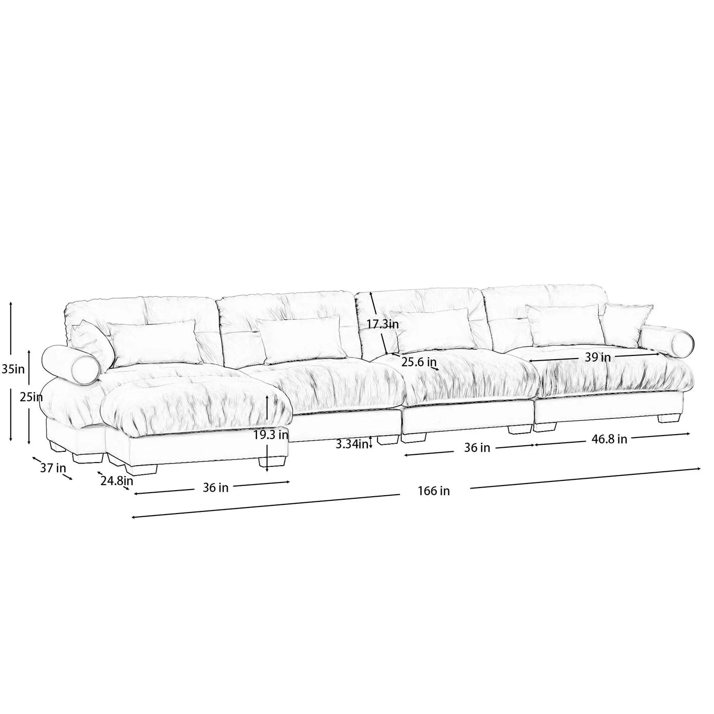 Modern Sectional Sofa With Ottoman, Round Bolster Armrests, Waist And Throw Pillows by HouseOfZazla