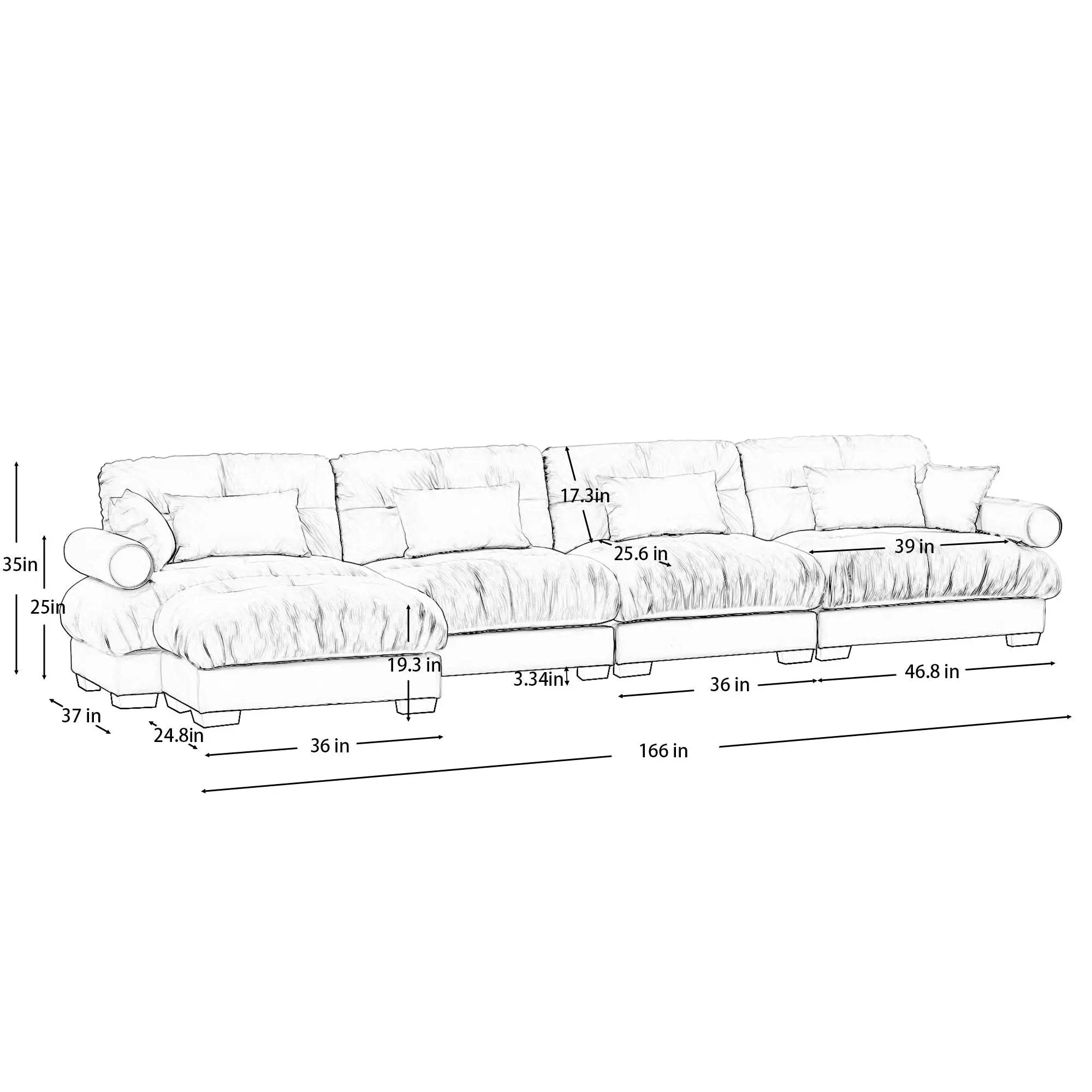Modern Sectional Sofa With Ottoman, Round Bolster Armrests, Waist And Throw Pillows by Unique Piece Furniture