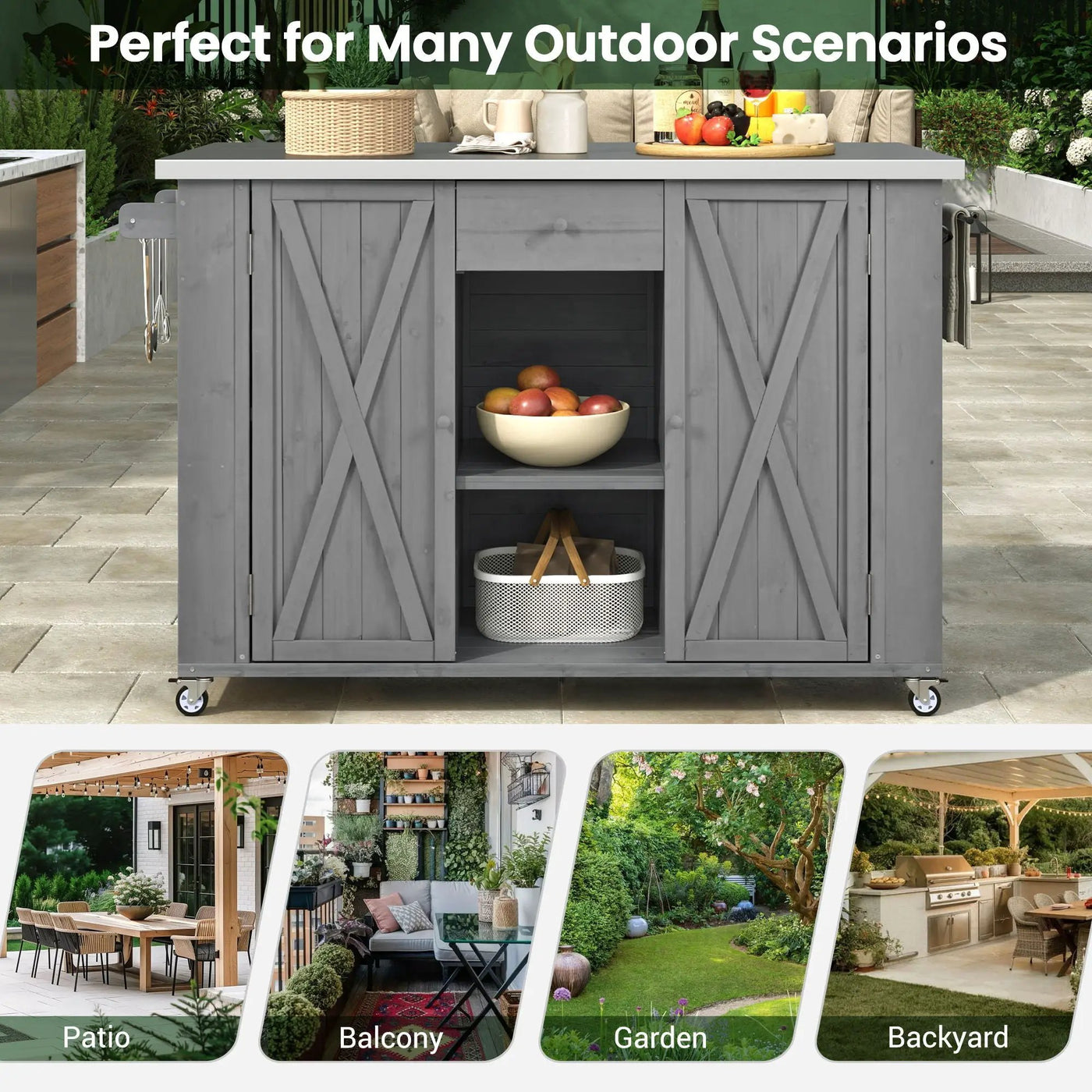 Outdoor Kitchen Island With Stainless Steel Top, Ample Storage Space, Towel And Spice Racks And A Bottle Opener by Unique Piece Furniture
