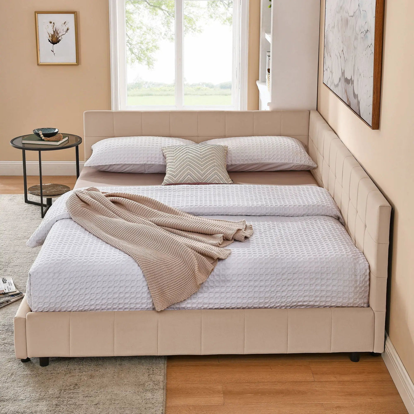 Mid-Century Storage Upholstered Tufted Bed Frame With Backrest And Armrests by Unique Piece Furniture