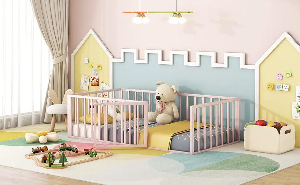 Metal Floor Bed Frame With Fence And Door by HouseOfZazla