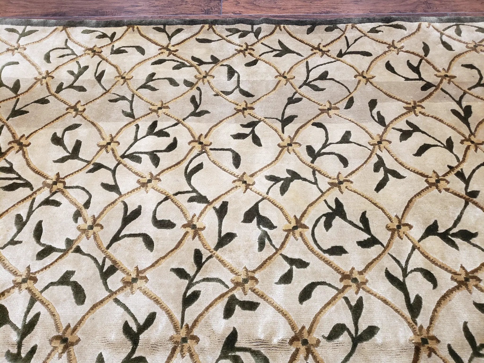 Vintage Tibetan Nepalese Area Rug 9x12, Wool Hand-Knotted, Beige Nepali Soft Pile Carpet, 9 x 12 Living Room Modern Dining Room Rug by Jewel Rugs