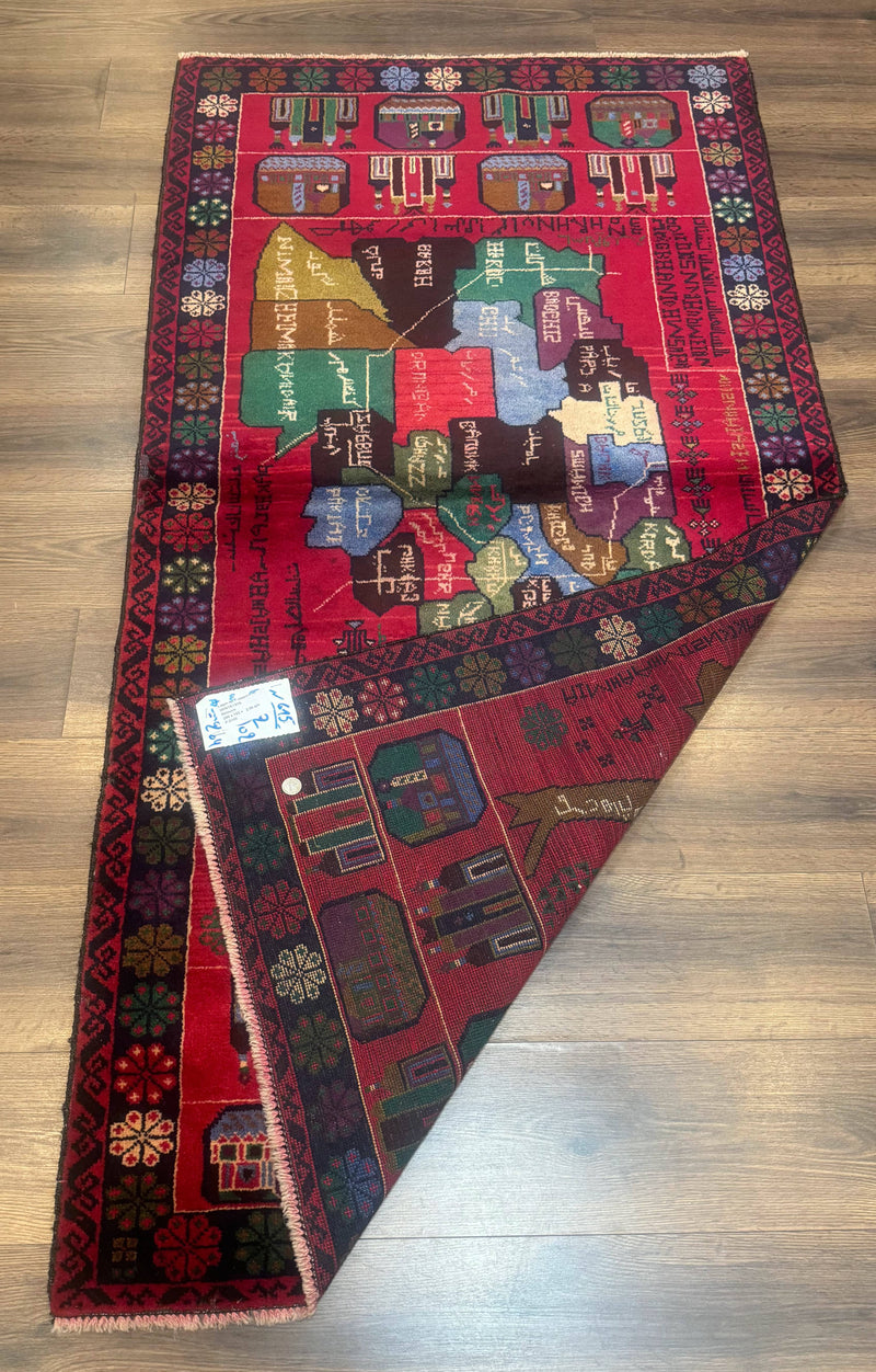 Afghan Rug 3x7, Map of Afghanistan, War Rug, Tribal Rug, Balouch Rug, New, Red by Jewel Rugs