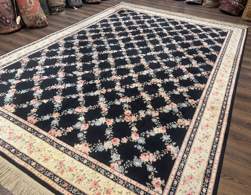 8.8 x 12 Karastan Garden of Eden Rug, Ebony Trellis #509/1270, Black, Floral, Wool Pile, Vintage, Discontinued by Jewel Rugs