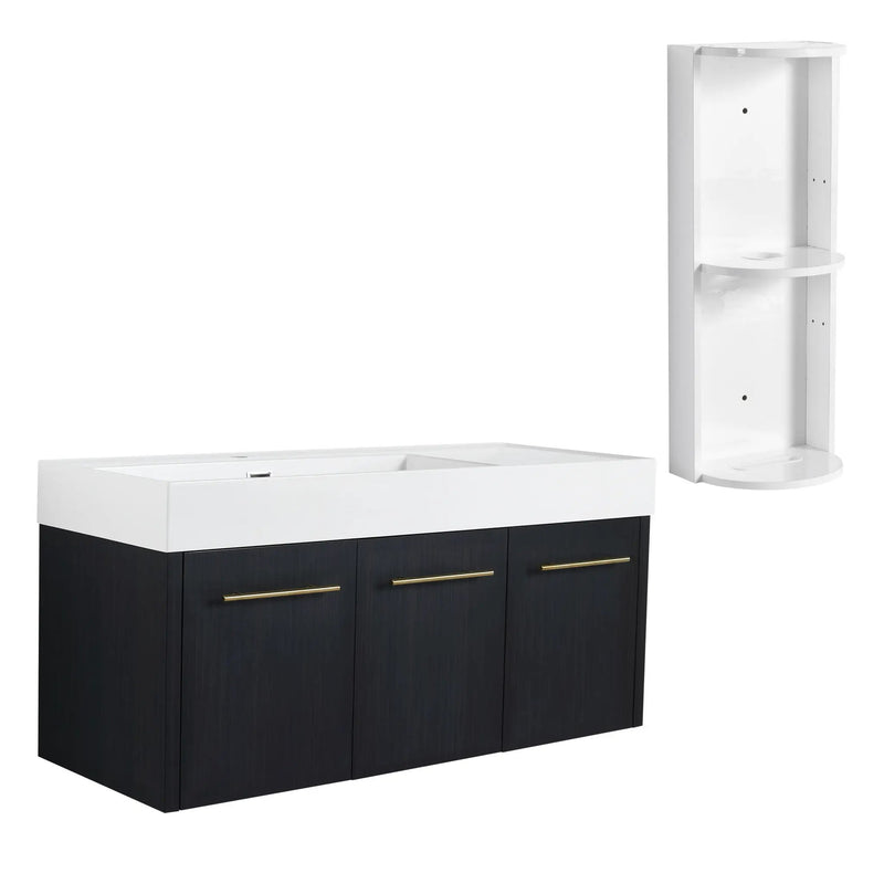 Modern Chestnut Wall Mounted Bathroom Vanity With Left Resin Sink And Storage Rack - Black Chestnut by Unique Piece Furniture