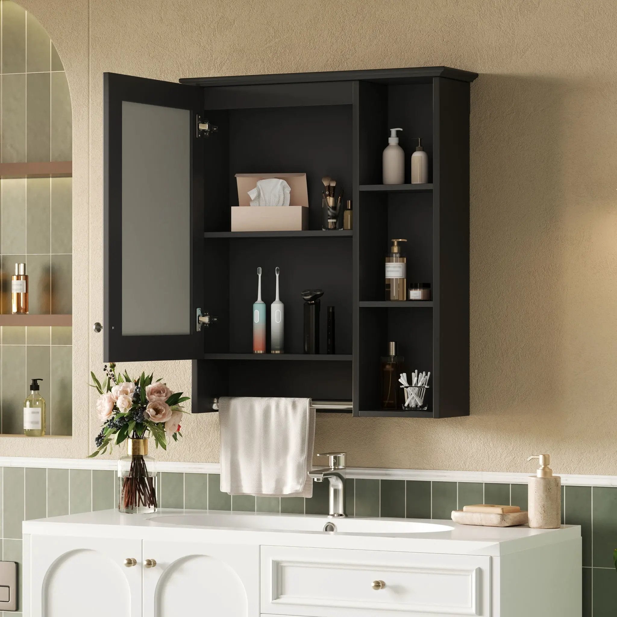 Modern 3 In 1 Bathroom Mirror Cabinet With Adjustable Shelf & Towel Bar by HouseOfZazla