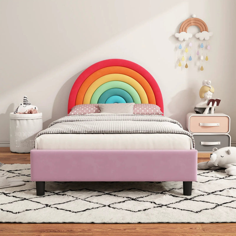 Rainbow Design Upholstered Twin Platform Bed Cute Style Princess Bed For Boys & Girls, Teens - Colorful / Pink by HouseOfZazla