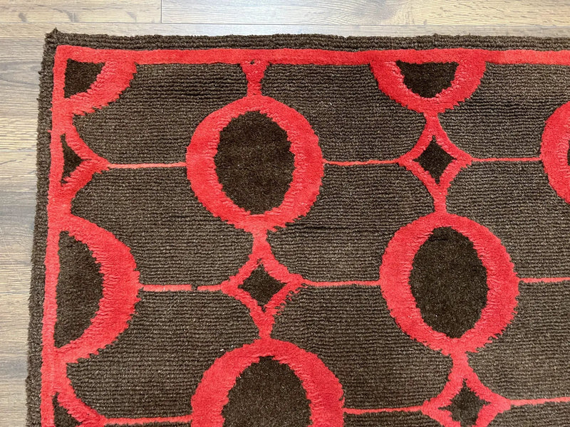 Modern Tibetan Rug 3.8 x 5.7, Raspberry Red and Dark Brown, Abstract Circle Design, Hand Knotted, Soft Wool Handmade Tibet Nepali Carpet 4x6 by Jewel Rugs