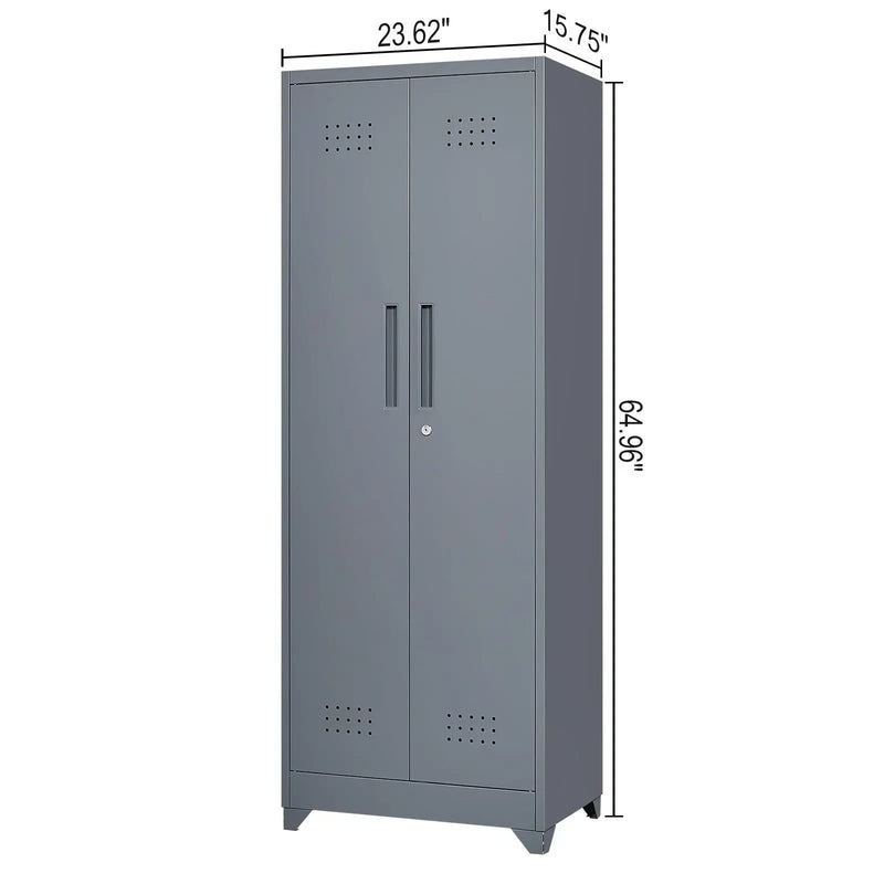 Heavy Duty Storage Cabinet With Locking Doors, Hanging Rod & Shelves, Broom Closet - Gray by HouseOfZazla