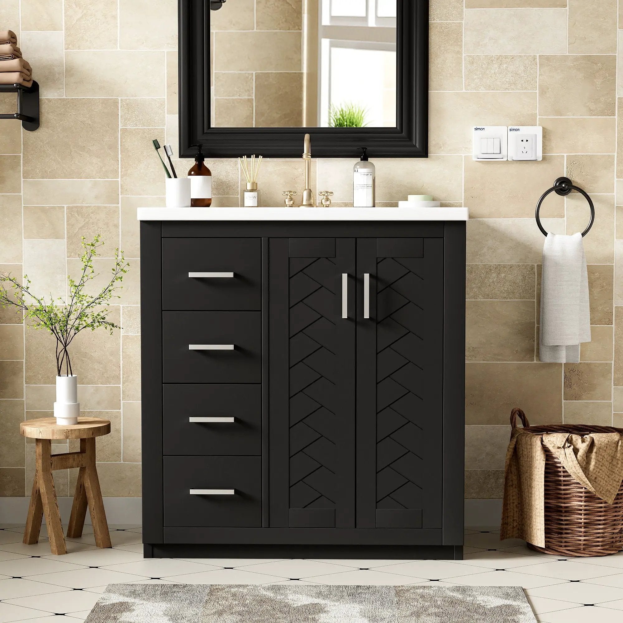 Ceramic Sink Combo, Freestanding Vanity Set With 3 Drawers & Soft Closing Doors by Unique Piece Furniture
