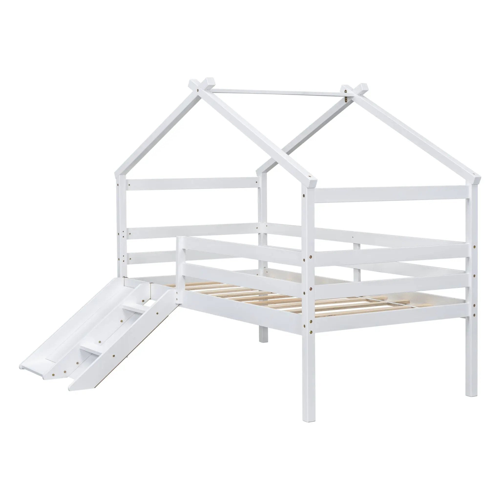 Low Loft House Bed With Slide, Ladder, Safety Guardrails, House Roof Frame by HouseOfZazla