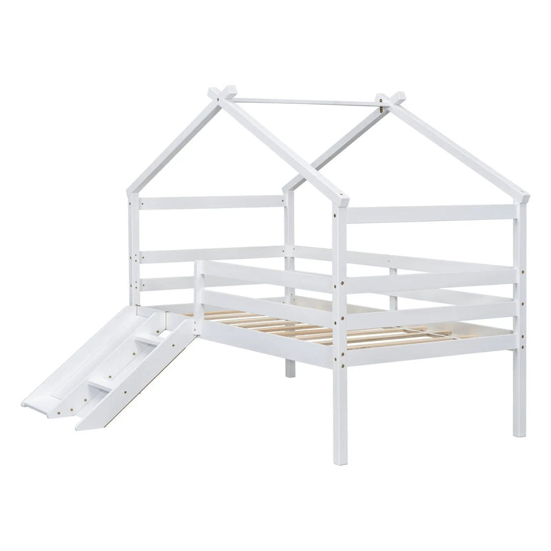 Low Loft House Bed With Slide, Ladder, Safety Guardrails, House Roof Frame by HouseOfZazla
