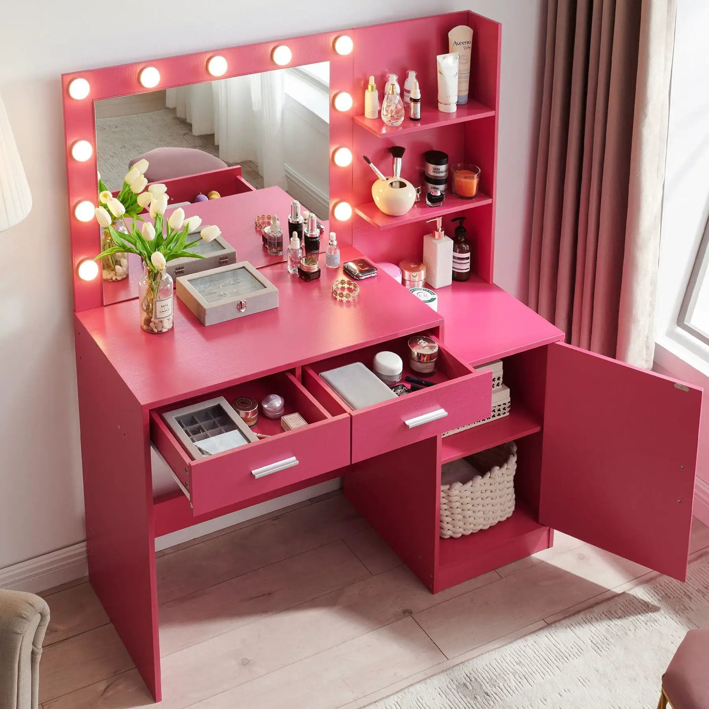 Vanity Desk With Mirror And Lights, 46.4In Dressing Table With 2 Large Drawer & Large Vertical Organizer, 3 Level Dresser & 3 Lighting Modes Adjustable Brightness, Suitable For Bedroom by Unique Piece Furniture