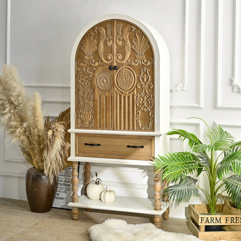 Arched Flower Carved Door Accent Sideboard Cabinet With 1 Drawer And Shelf, Cabinet For Kitchen - Natural / White by Unique Piece Furniture