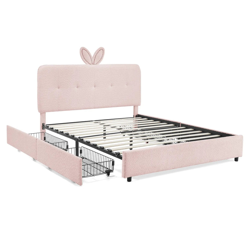 Queen Size Kids Upholstered Bed with Rabbit Ear Headboard & Storage by HouseOfZazla