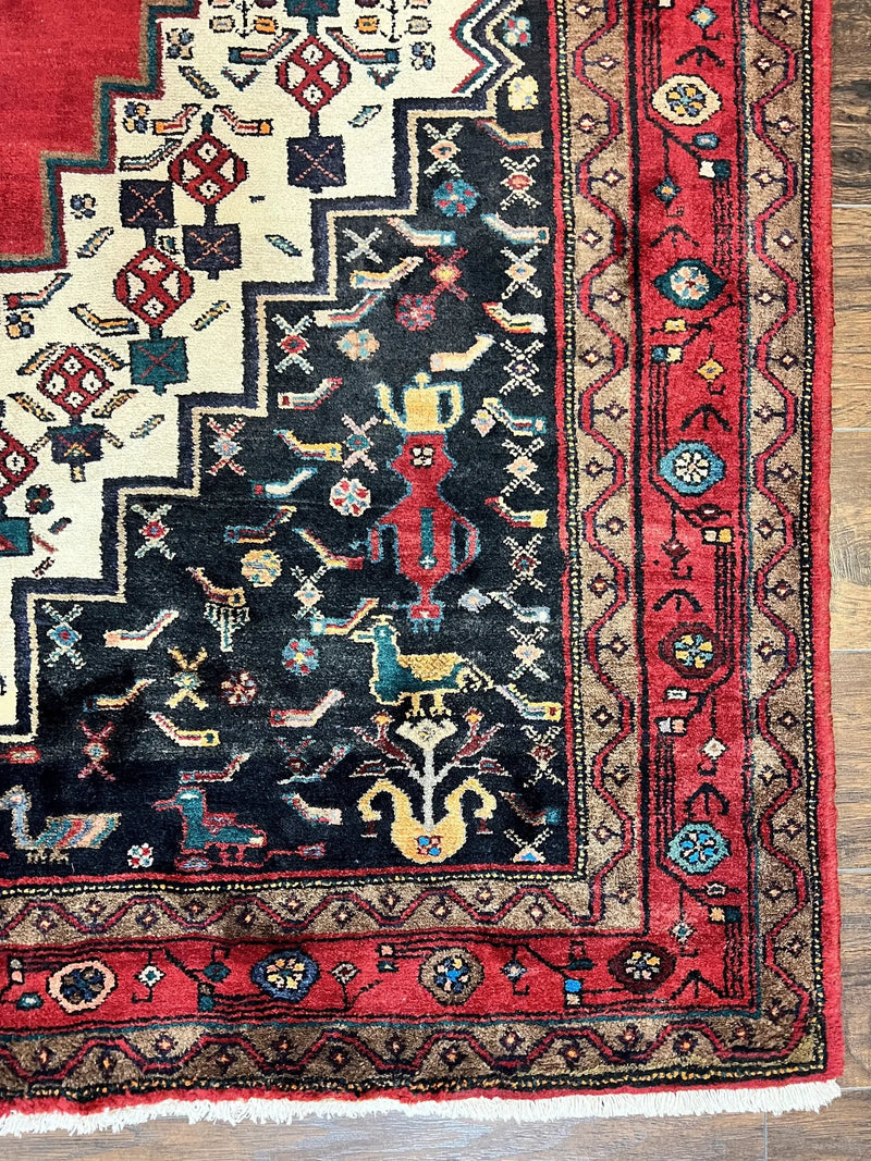 Persian Rug 5x12 ft, Red Cream Navy Blue, Pictorials, Hand Knotted Handmade Wide Runner Tribal Bidjar Semi Antique Wool Geometric Oriental Rug by Jewel Rugs