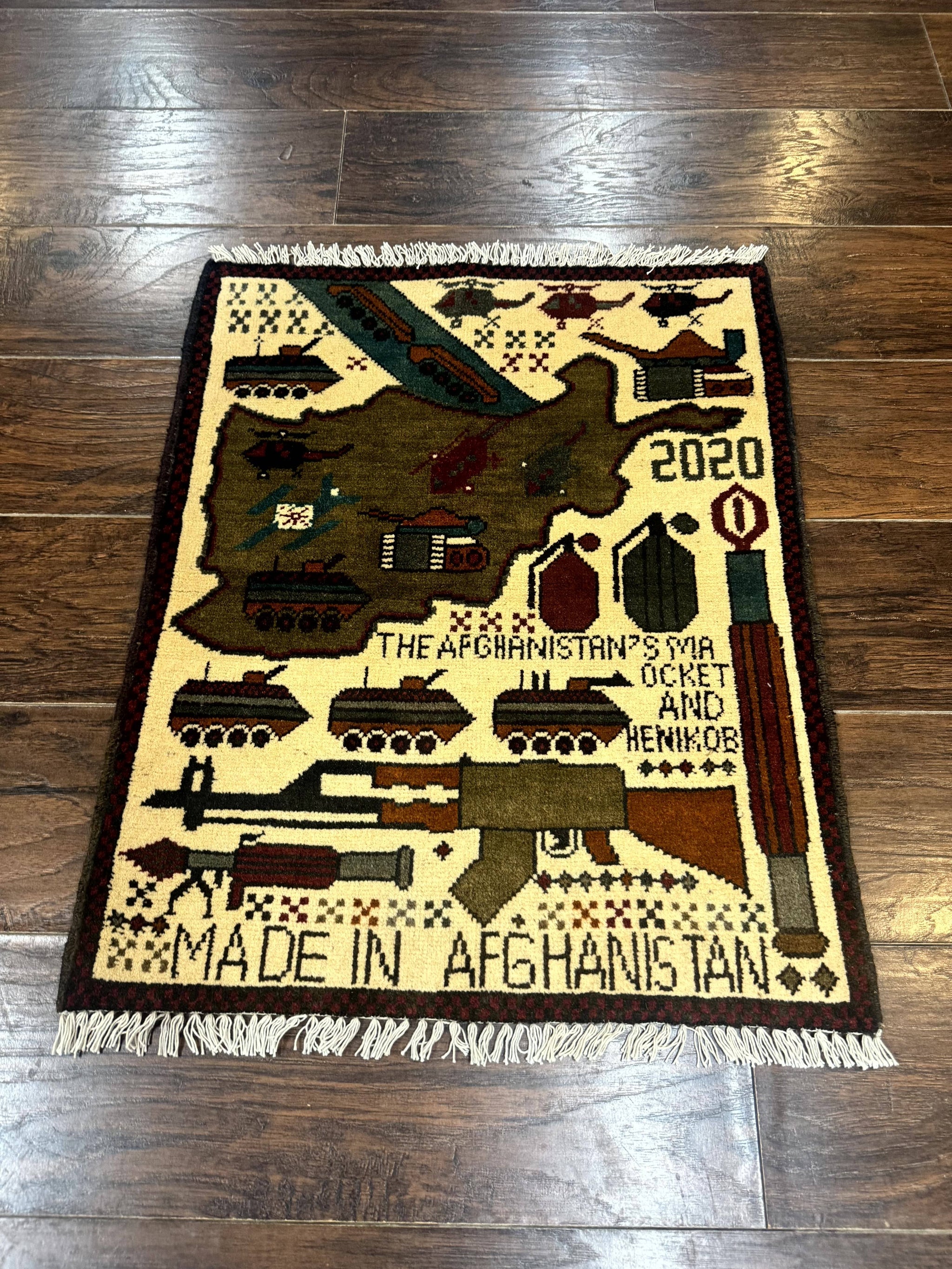 Afghan War Rug, Helicopters Tanks Guns, Handmade, Wool, 2x3 by Jewel Rugs