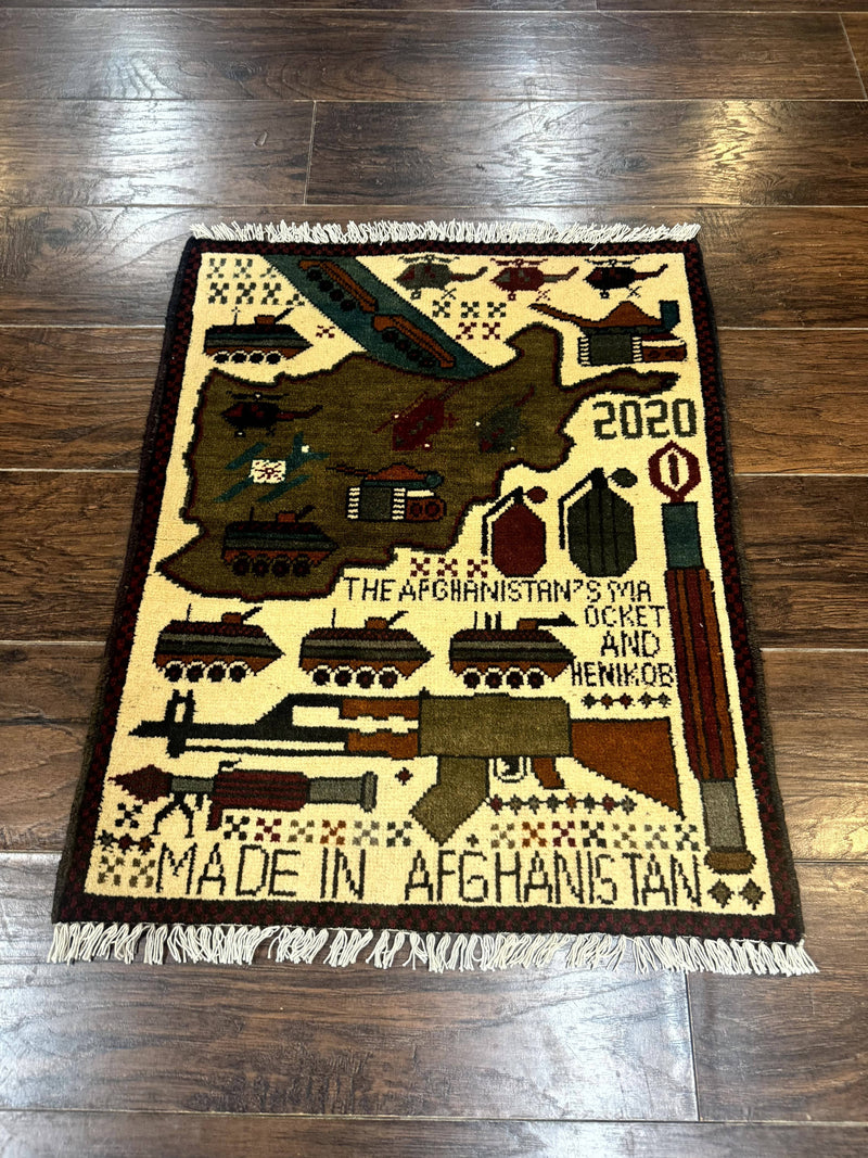 Afghan War Rug, Helicopters Tanks Guns, Handmade, Wool, 2x3 by Jewel Rugs
