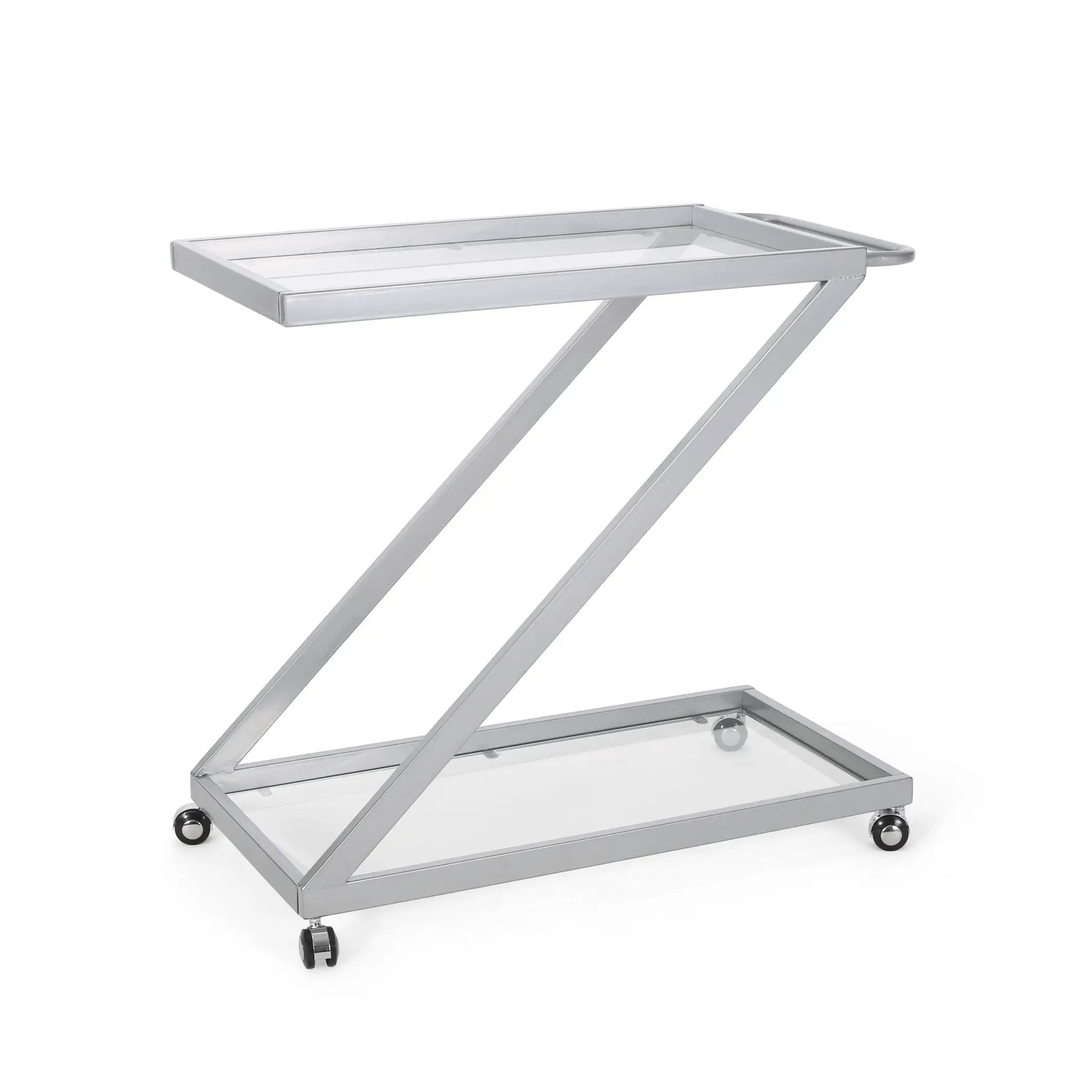 Modern Z Shaped Bar Cart With Tempered Glass Shelves - Silver by HouseOfZazla