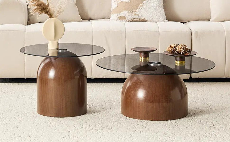 Nesting Coffee Table Set of 2 with Glass Desktop in Walnut by HouseOfZazla