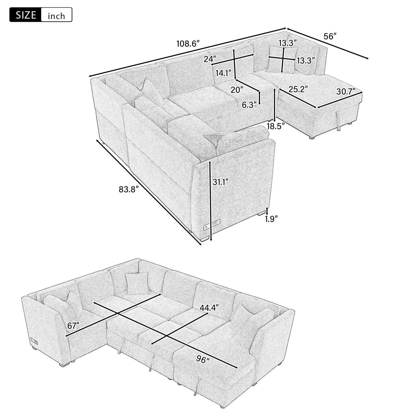 U-Shaped Sectional Sofa Pull Out Sofa Bed With Two USB Ports, Two Power Sockets, Three Back Pillows And A Storage Chaise For Living Room by Unique Piece Furniture