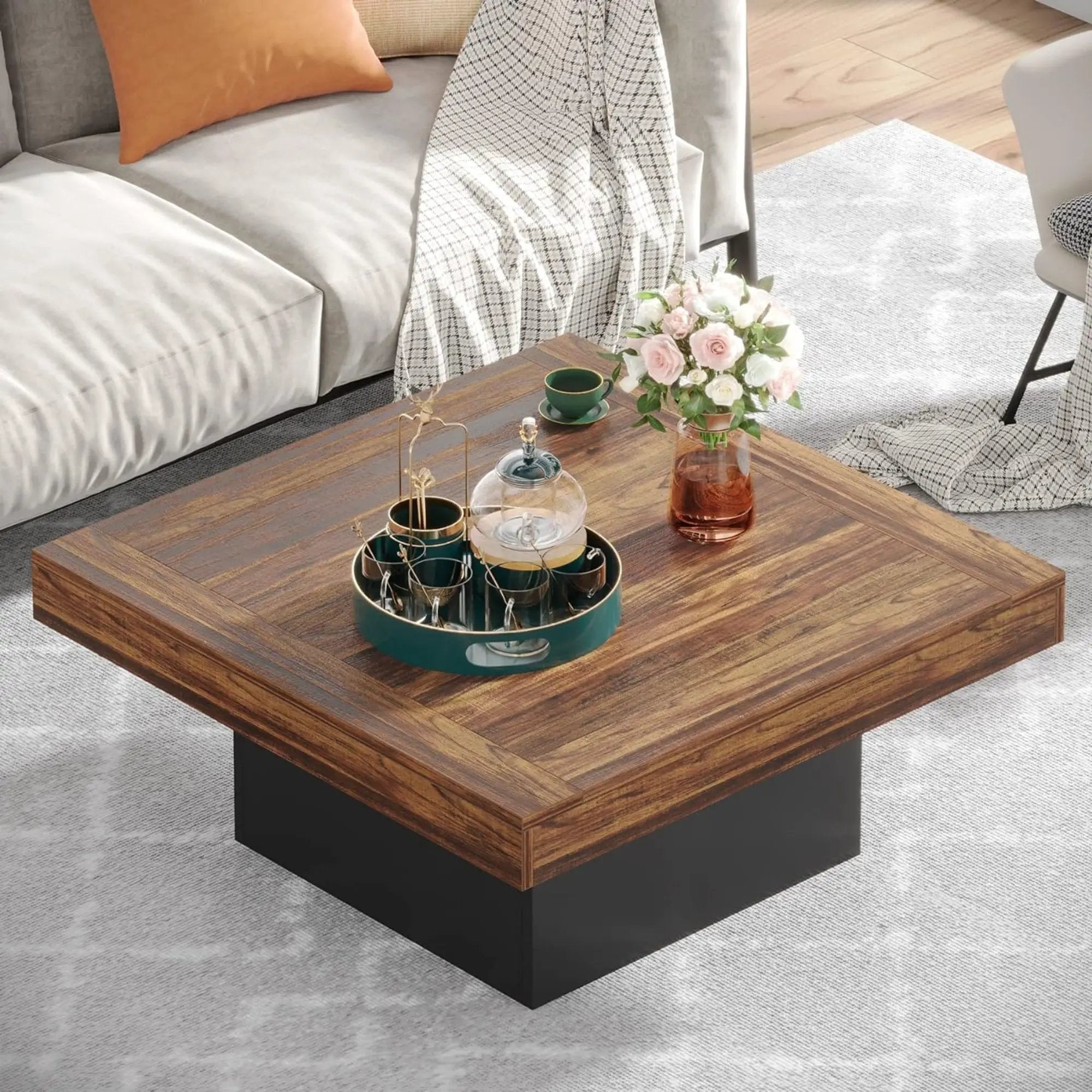 LED Coffee Table With Base, Center Table For Living Room - Rustic Brown by HouseOfZazla
