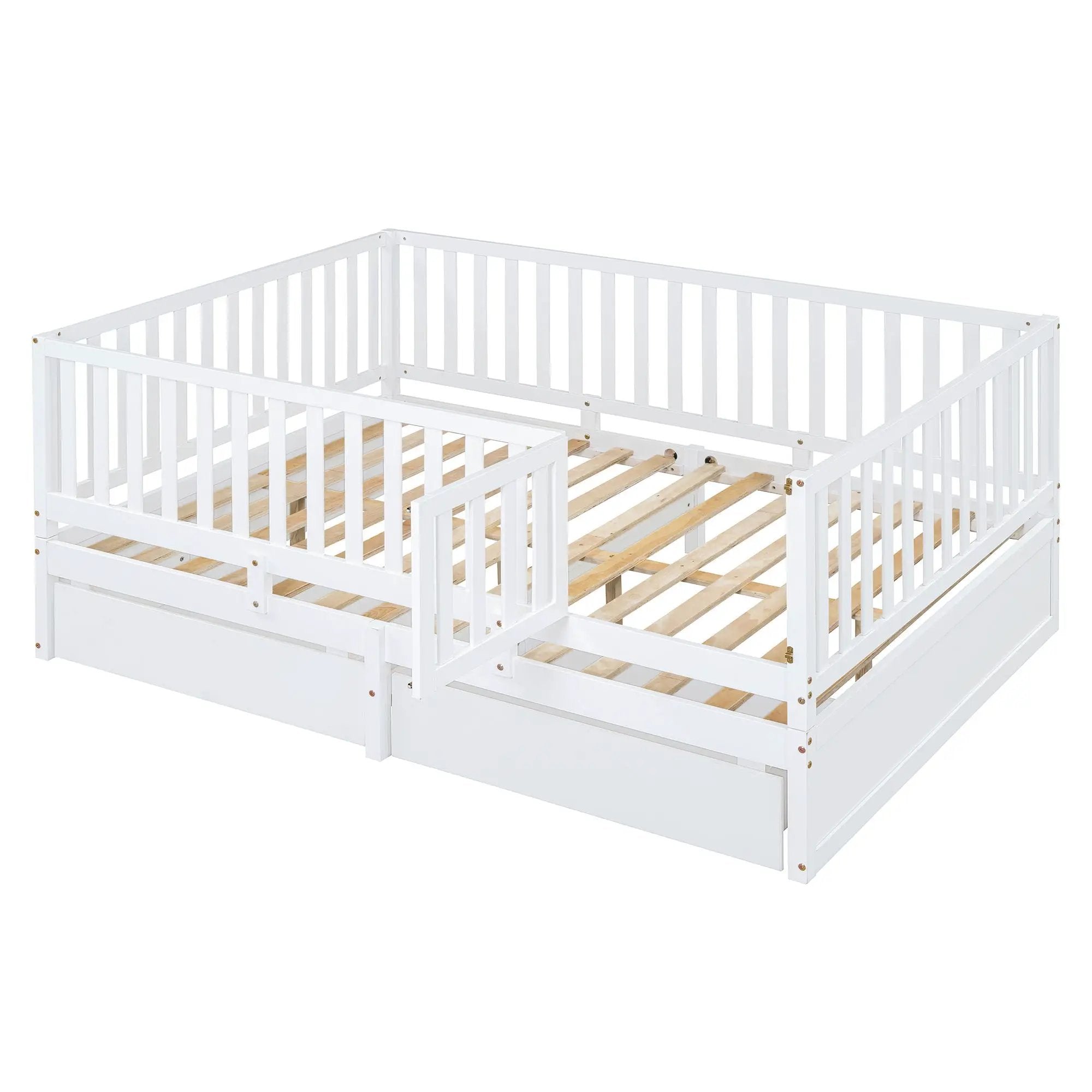 Daybed With Fence Guardrails And 2 Drawers, Split Into Independent Floor Bed & Daybed by HouseOfZazla