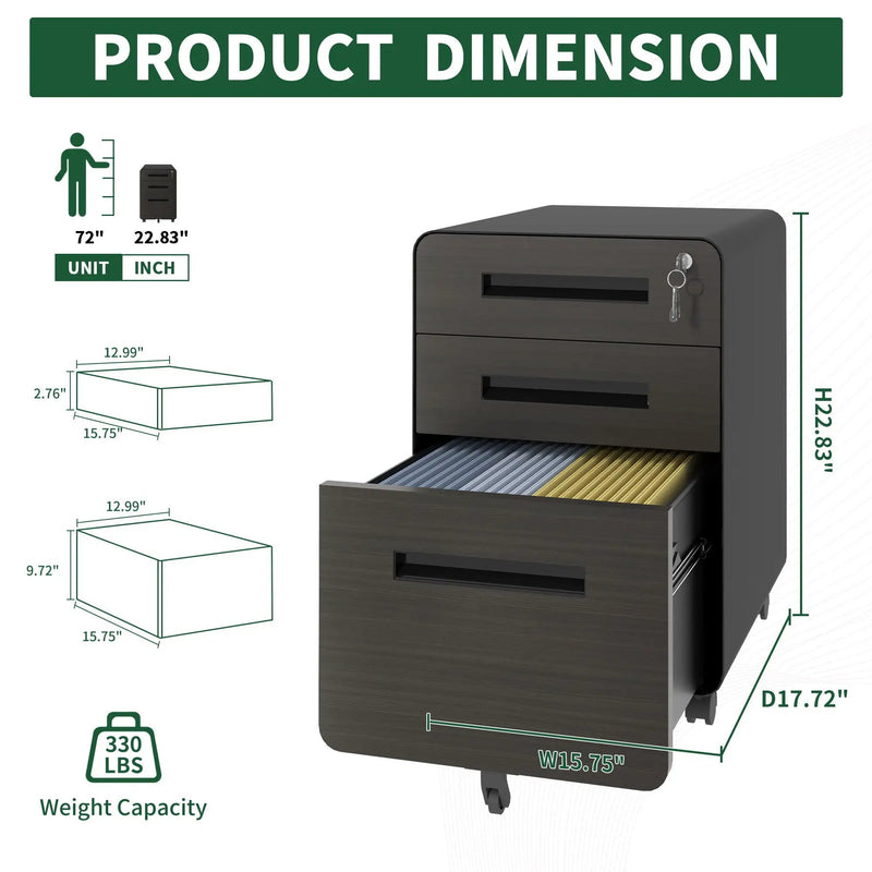 3-Drawer Mobile File Cabinet With Lock, On Casters, Holds A4/Letter Files by Unique Piece Furniture