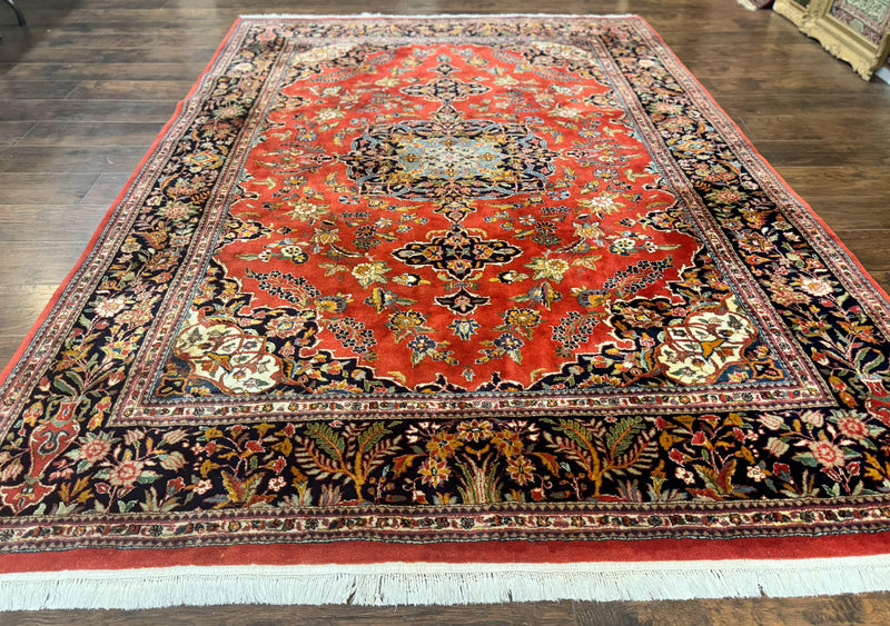 Indo Persian Rug 7x10, Vintage Handmade Wool Carpet, Floral Medallion Traditional Rug, Red and Midnight Blue by Jewel Rugs