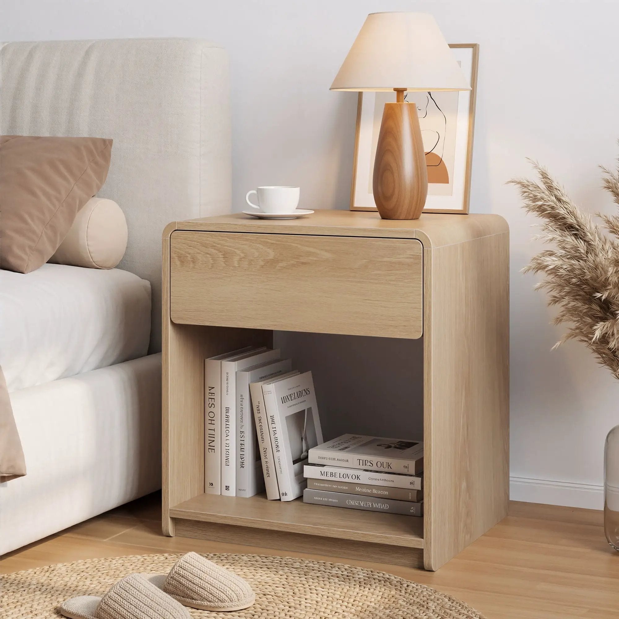 Bedside Table Set With Storage Drawers And Open Shelves, Compact With Rounded Corners (Set of 2) - Oak by HouseOfZazla