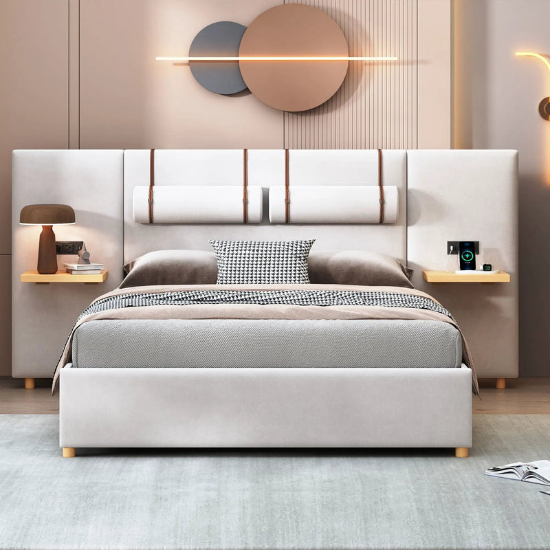 Upholstered Platform Bed, 2 Outlets And USB Charging Ports On Both Sides, 2 Bedside Pillows, Storage Shelves by HouseOfZazla