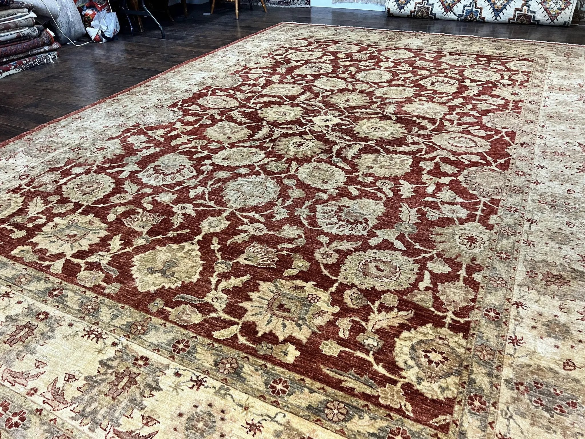 Pak Persian Rug 10x14, Sultanabad Mahal Peshawar Chobi Carpet, Large Vintage Wool Oriental Rug, Maroon & Beige, Floral Allover, Handmade by Jewel Rugs