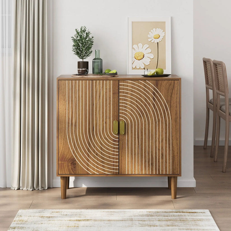 Buffet Cabinet With Line Groove Design, Sideboard Buffet Cabinet With Storage, Multifunctional Accent Cabinet For Living Room, Entryway, Hallway, Office, Kitchen - Brown by HouseOfZazla
